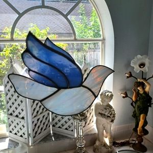STAINED GLASS 3D BLUE & White BIRD 7" WINGS HOME DECOR HANDMADE